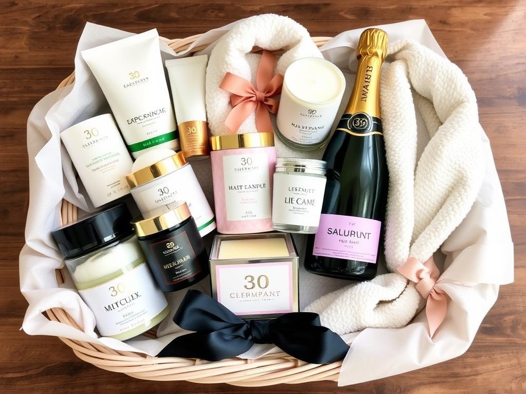Luxury self-care gift basket for 30th birthday with skincare products, candles, and champagne