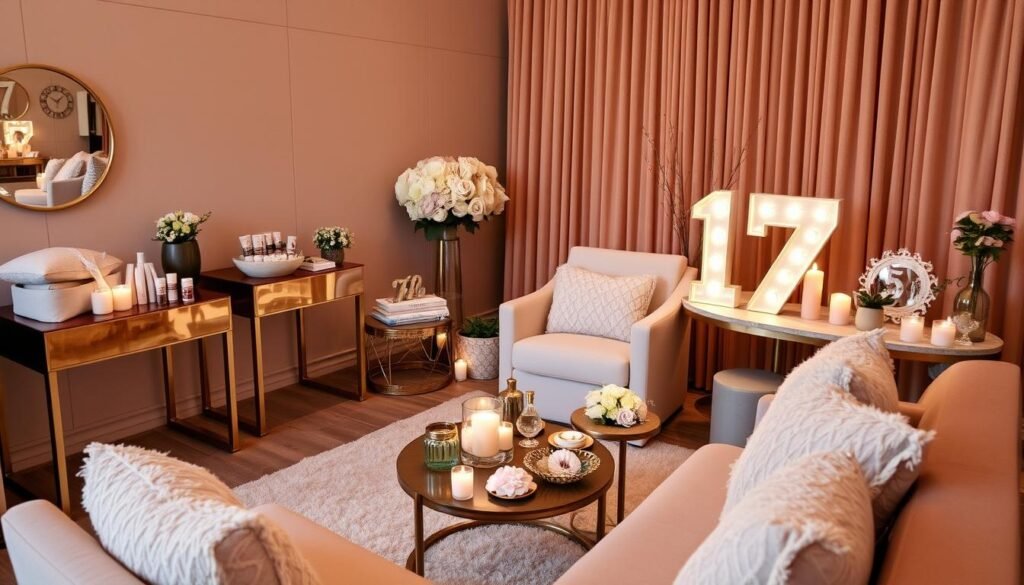 Luxury spa 17th birthday theme with relaxation stations, face masks, and pampering activities Luxury spa 17th birthday theme with relaxation stations, face masks, and pampering activities