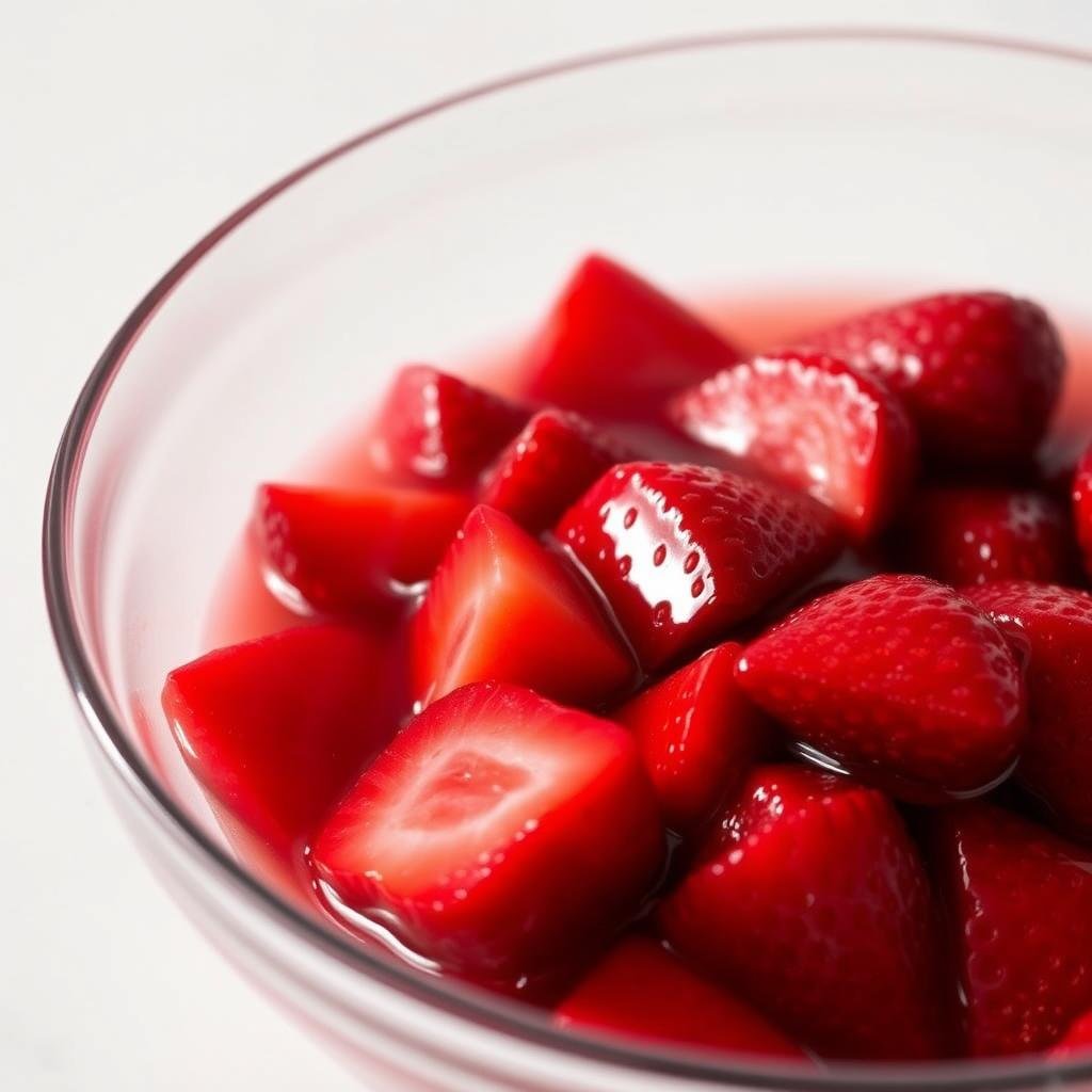 Macerated strawberries in a bowl showing juicy syrup