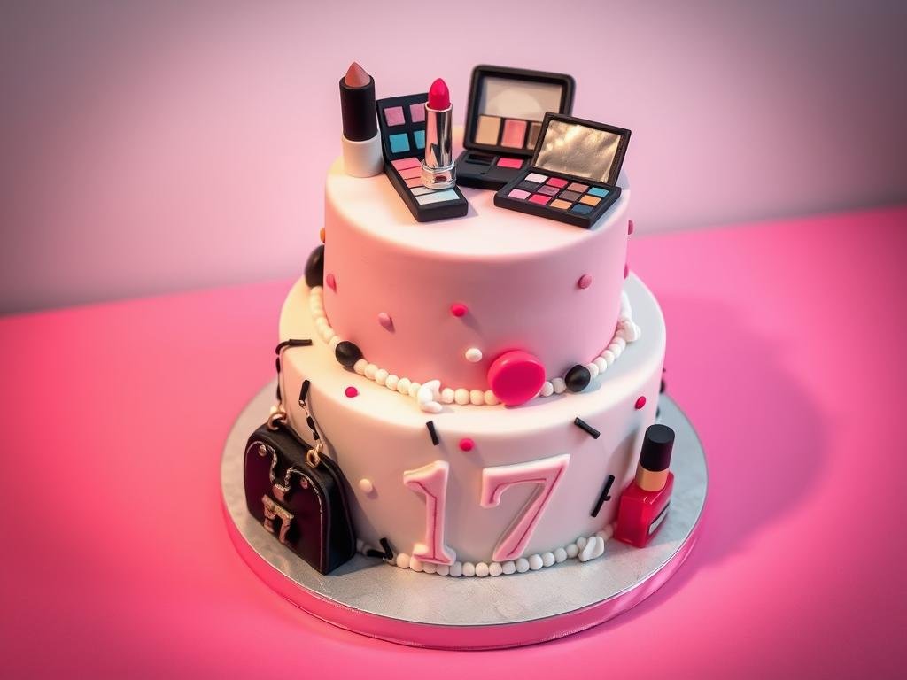 Makeup, fashion, or beauty themed cake with cosmetic elements and 17 decorations Makeup, fashion, or beauty themed cake with cosmetic elements and 17 decorations