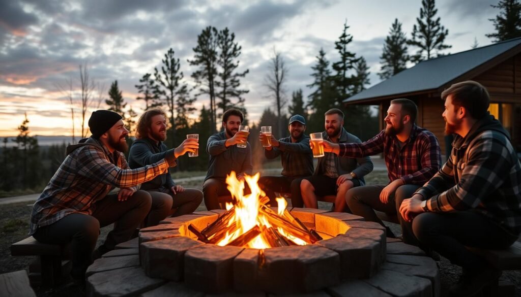 Man celebrating 30th birthday with friends on a weekend cabin trip