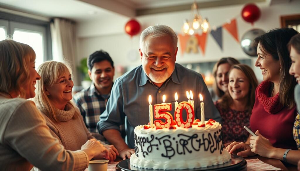 Man celebrating with friends and family around a 50th birthday cake