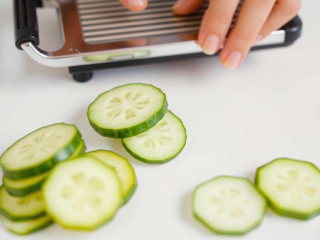 Mandoline slicer with cucumber being sliced