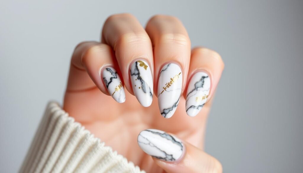 Marble 21st birthday nails with gold accents