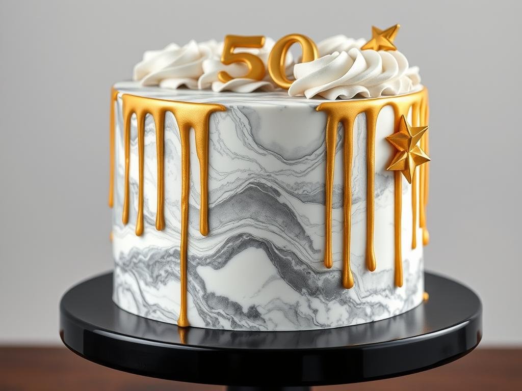 Marble effect 50th birthday cake with gold drip and decorative elements Marble effect 50th birthday cake with gold drip and decorative elements