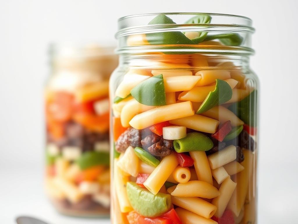 Mason jar layered pasta salad with colorful ingredients