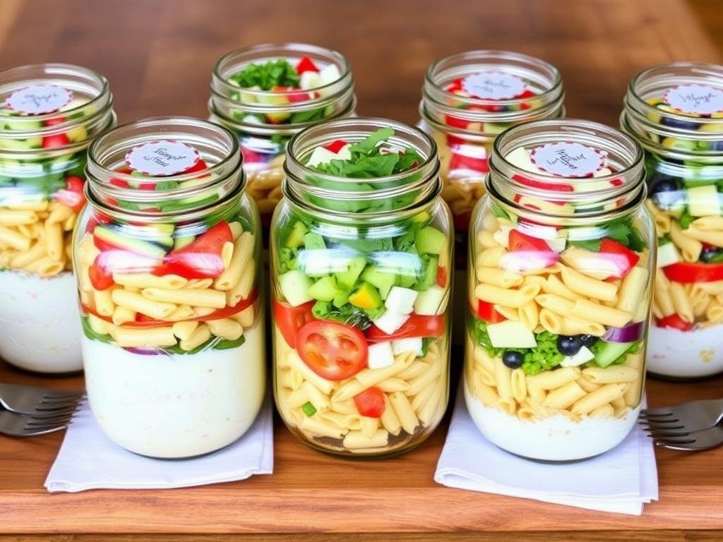 Mason jar pasta salads with layers of ingredients and dressing