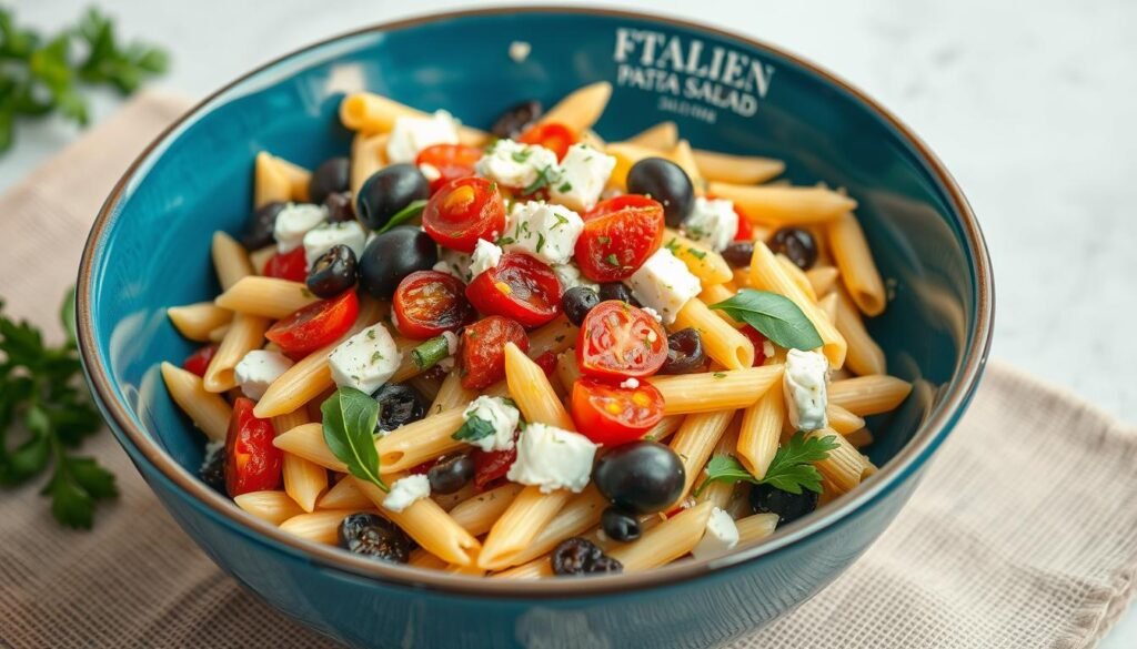 Mediterranean Pasta Salad with sun-dried tomatoes, artichokes, feta cheese, and olives
