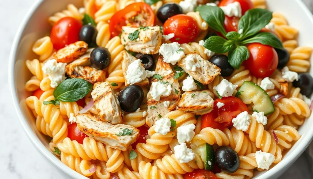 Mediterranean chicken pasta salad with olives, feta, and lemon dressing
