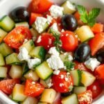Mediterranean cucumber salad in a white bowl with feta cheese, olives, and fresh herbs