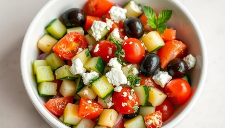 Mediterranean cucumber salad in a white bowl with feta cheese, olives, and fresh herbs