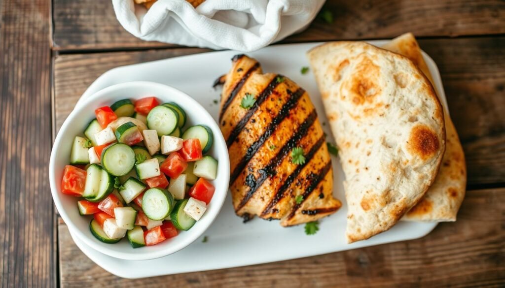 Mediterranean cucumber salad served alongside grilled chicken and pita bread Mediterranean cucumber salad served alongside grilled chicken and pita bread