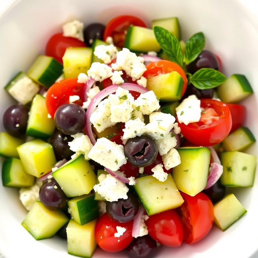 Mediterranean cucumber salad with feta cheese, olives and tomatoes