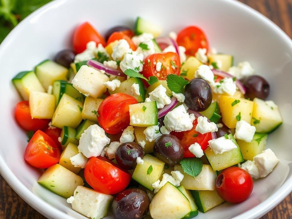 Mediterranean cucumber salad with tomatoes, feta cheese, and olives