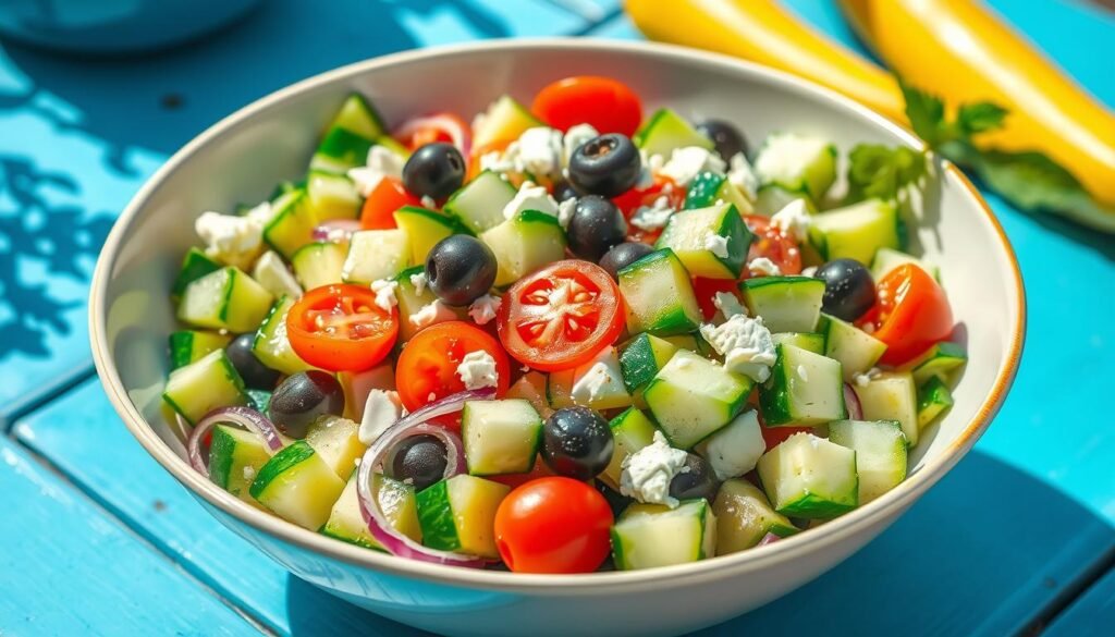 Mediterranean healthy cucumber salad with tomatoes, olives, and feta cheese