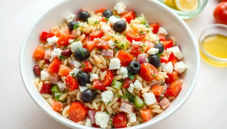 Mediterranean orzo pasta salad with colorful vegetables, feta cheese, and herbs in a white bowl