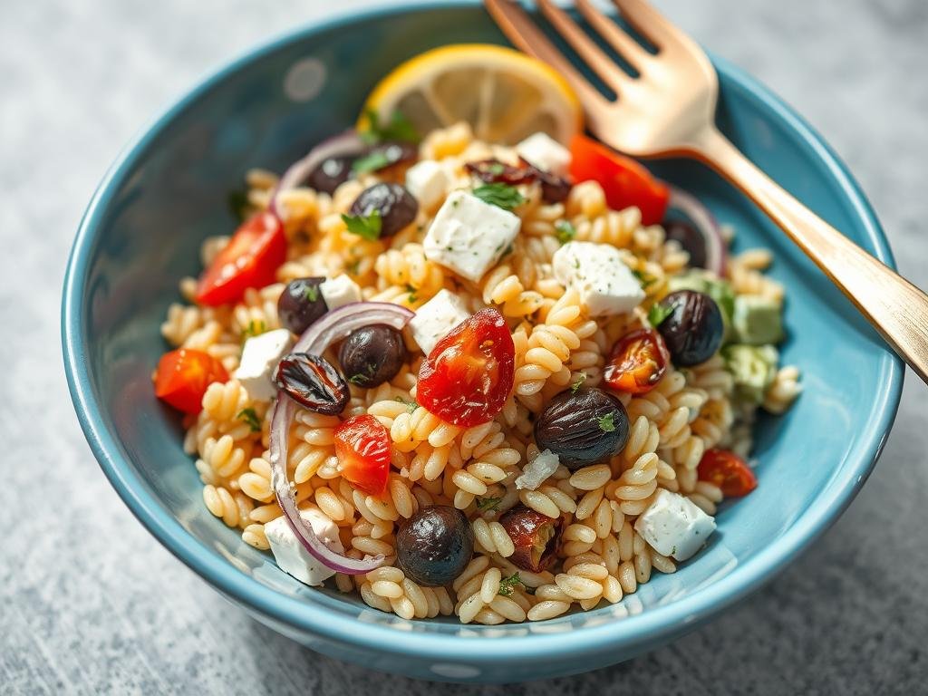 Mediterranean orzo pasta salad with olives and feta in a blue bowl