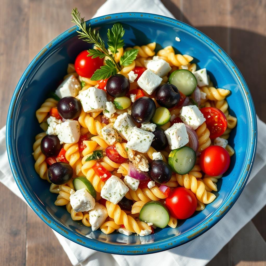 Mediterranean pasta salad with Italian dressing featuring feta cheese, kalamata olives, and cucumbers Mediterranean pasta salad with Italian dressing featuring feta cheese, kalamata olives, and cucumbers