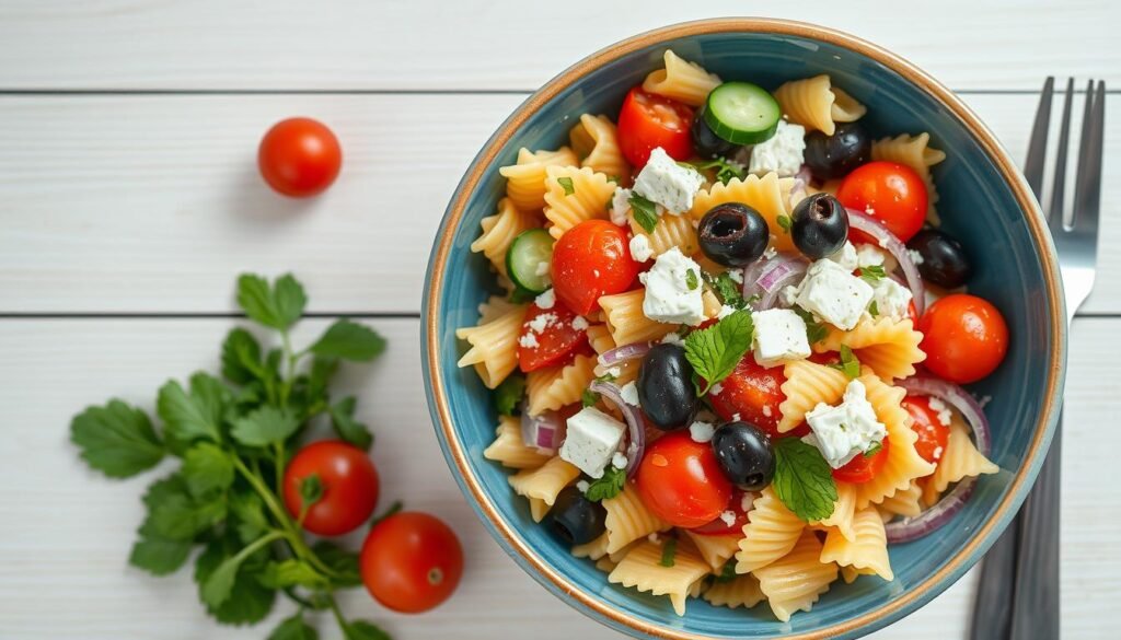 Mediterranean pasta salad with bow tie pasta, feta cheese, olives, and fresh vegetables Mediterranean pasta salad with bow tie pasta, feta cheese, olives, and fresh vegetables