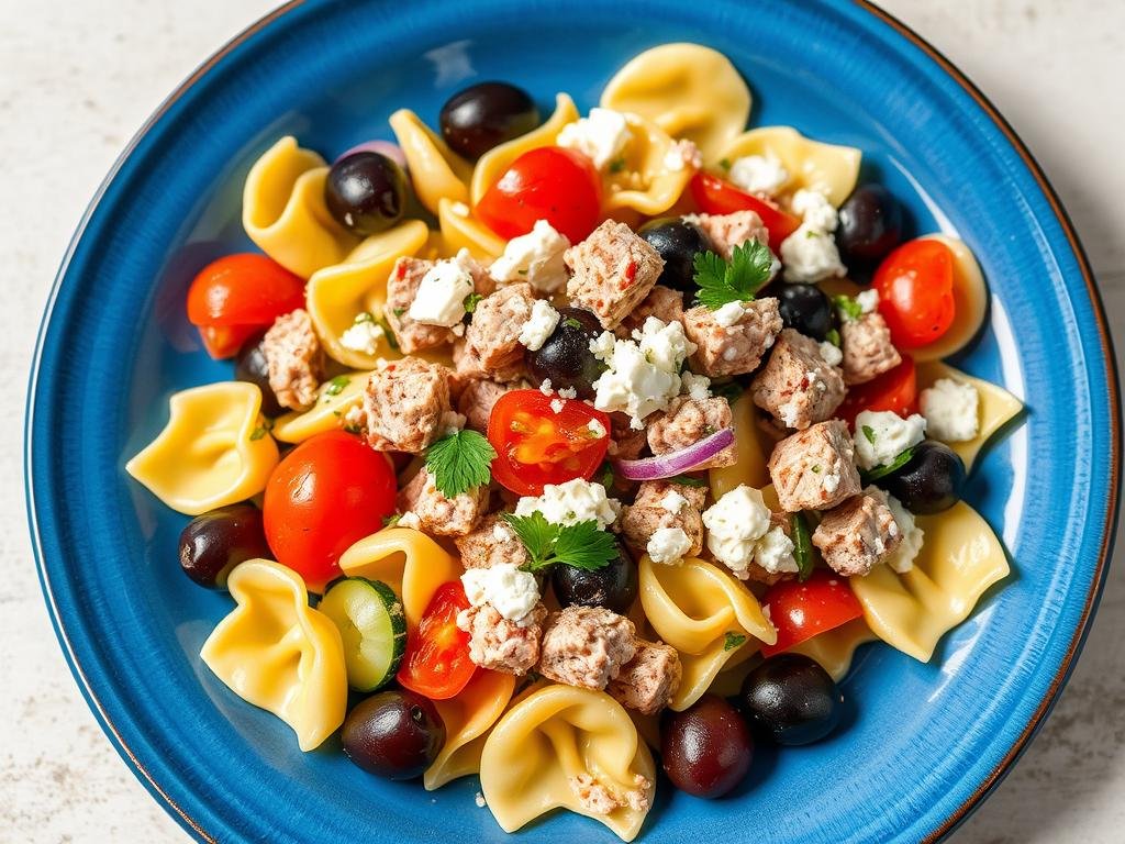 Mediterranean tuna pasta salad with olives, tomatoes, and feta cheese