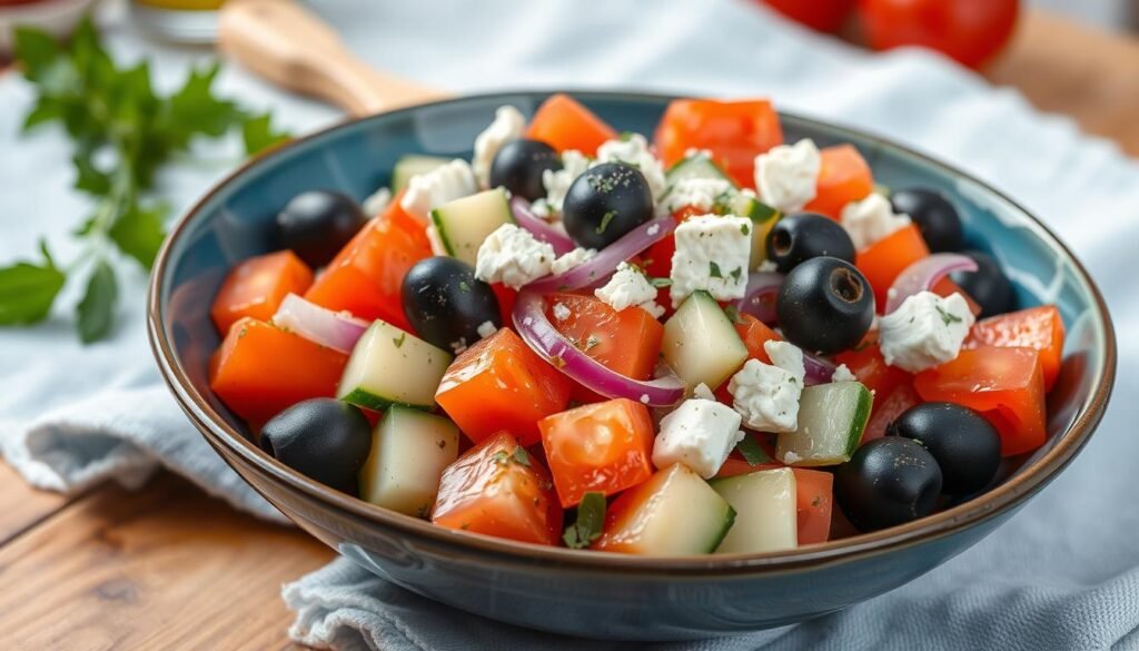Mediterranean variation of tomato and cucumber salad with feta cheese and olives