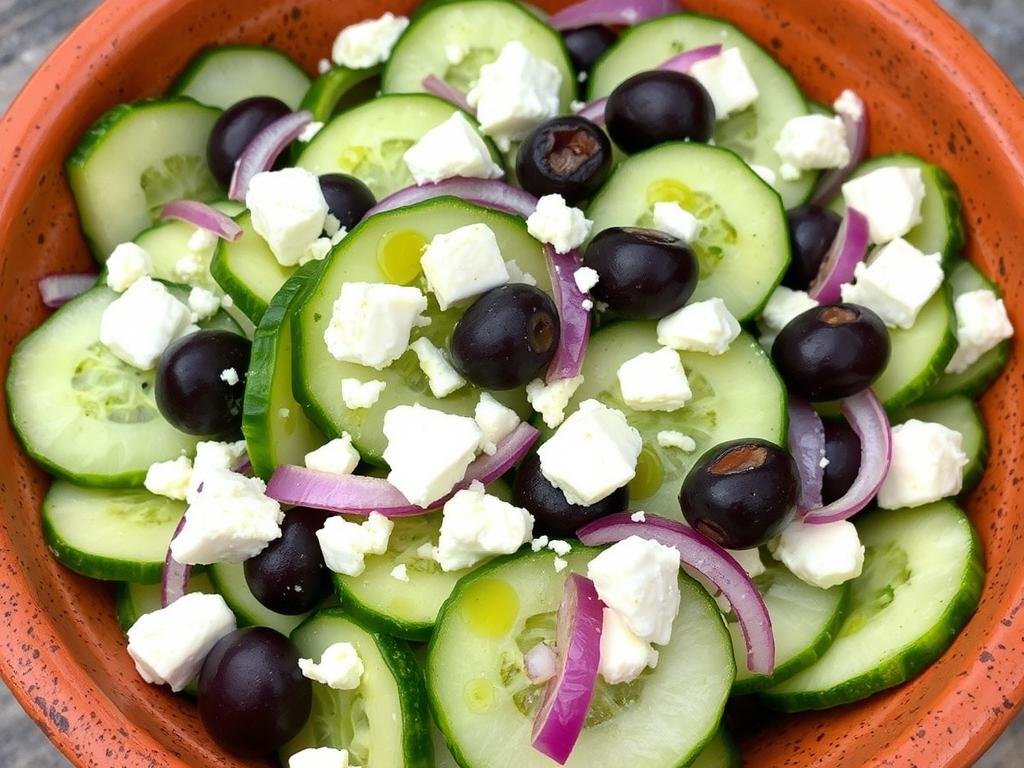 Mediterranean version of viral cucumber salad with feta and olives