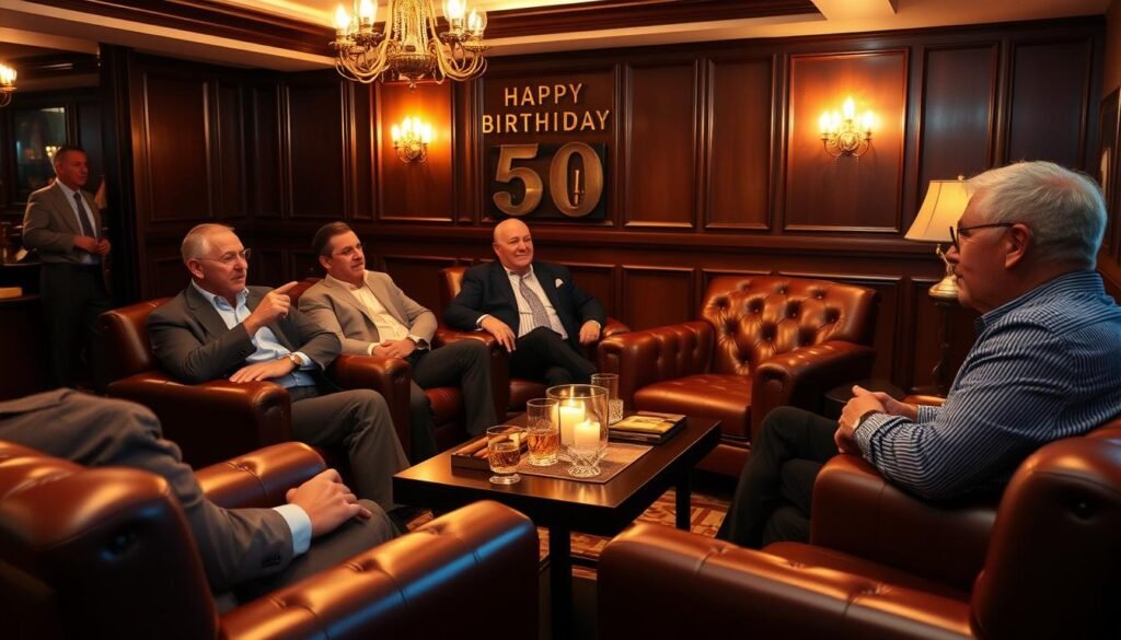 Men enjoying a cigar lounge setup at a 50th birthday party with comfortable leather chairs