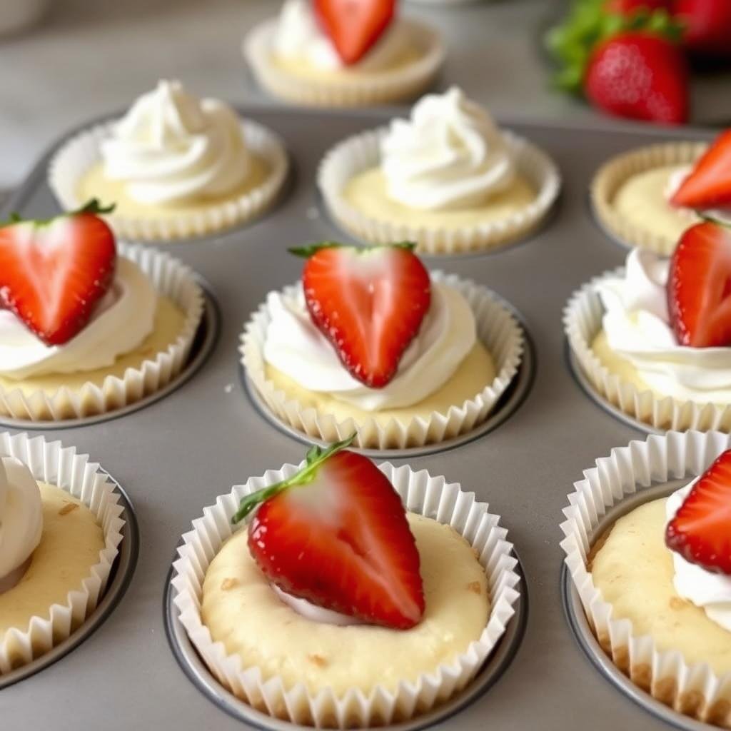 Mini strawberry shortcake cheesecakes in cupcake liners