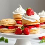 Mini strawberry shortcake desserts arranged on a white cake stand with fresh strawberries scattered around