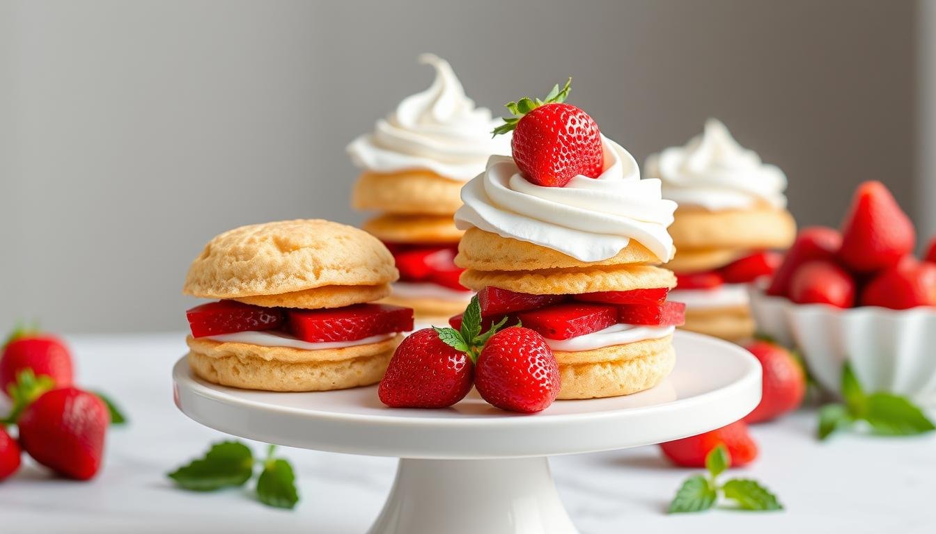 Mini strawberry shortcake desserts arranged on a white cake stand with fresh strawberries scattered around