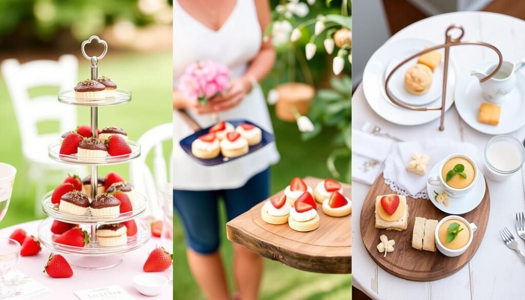 Mini strawberry shortcakes being served at different occasions - a bridal shower, backyard gathering, and afternoon tea Mini strawberry shortcakes being served at different occasions - a bridal shower, backyard gathering, and afternoon tea