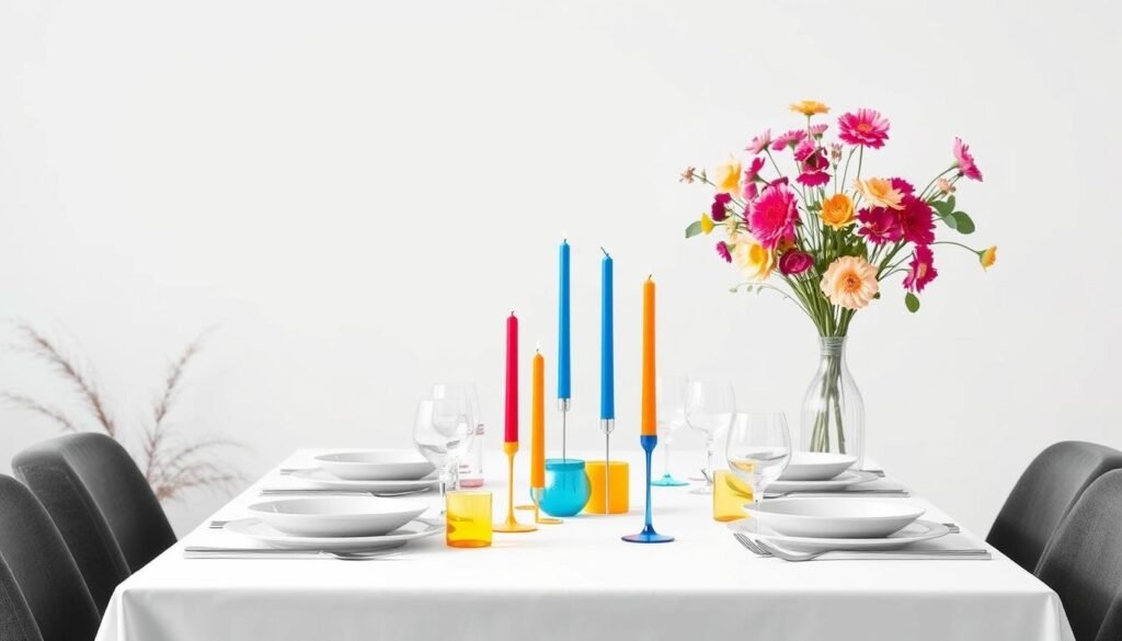 Minimalist tablescape with strategic pops of color against white background