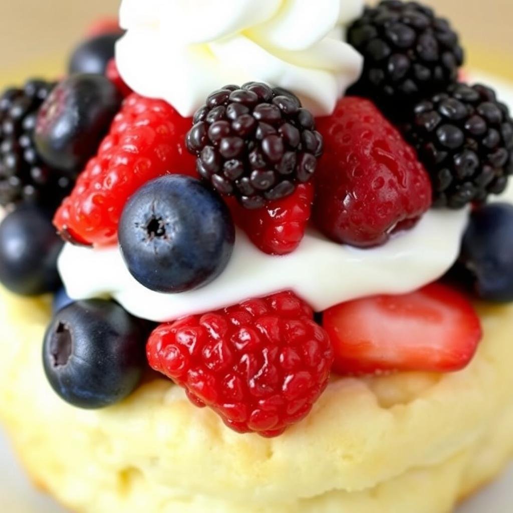 Mixed berry shortcake variation with strawberries, blueberries, and raspberries