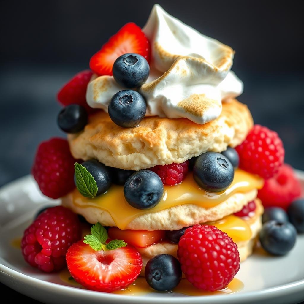Mixed berry variation of lemon meringue shortcake with strawberries, blueberries, and raspberries