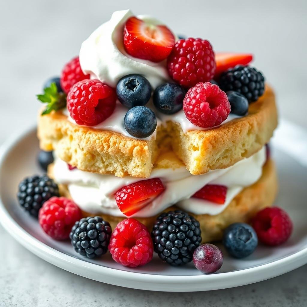 Mixed berry version of orange blossom shortcake with various colorful berries
