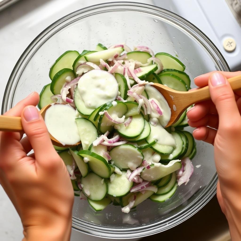 Mixing cucumber slices with red onion and creamy dressing in a large bowl Mixing cucumber slices with red onion and creamy dressing in a large bowl