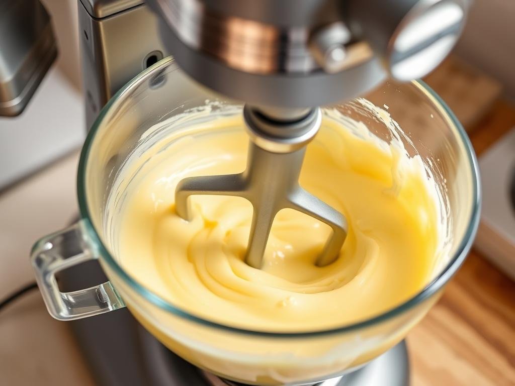 Mixing lemon cake batter in a stand mixer with lemon zest visible