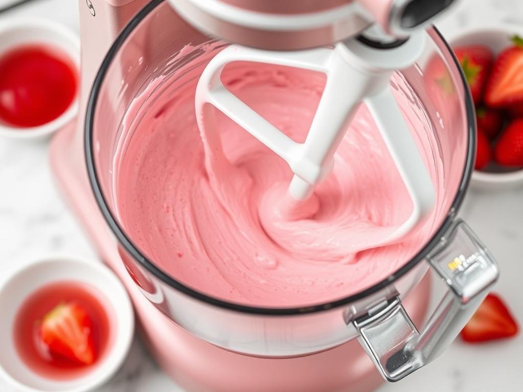 Mixing strawberry cake batter in a stand mixer