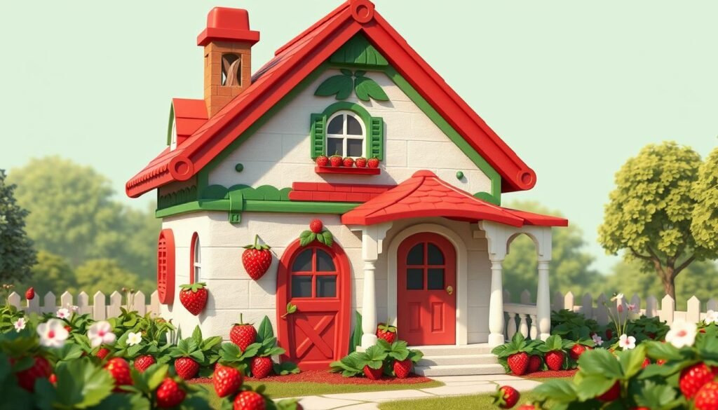 Modern interpretation of a strawberry shortcake house with both vintage elements and contemporary design