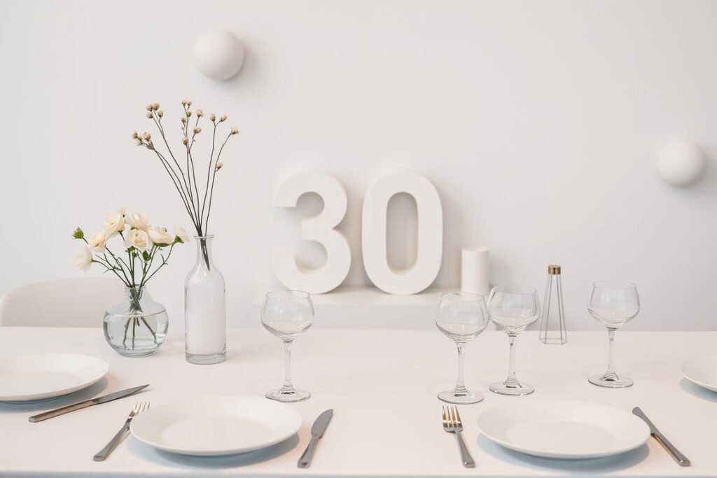 Modern minimalist 30th birthday setup with clean lines, neutral colors, and elegant simple decorations for a sophisticated 30th birthday aesthetic