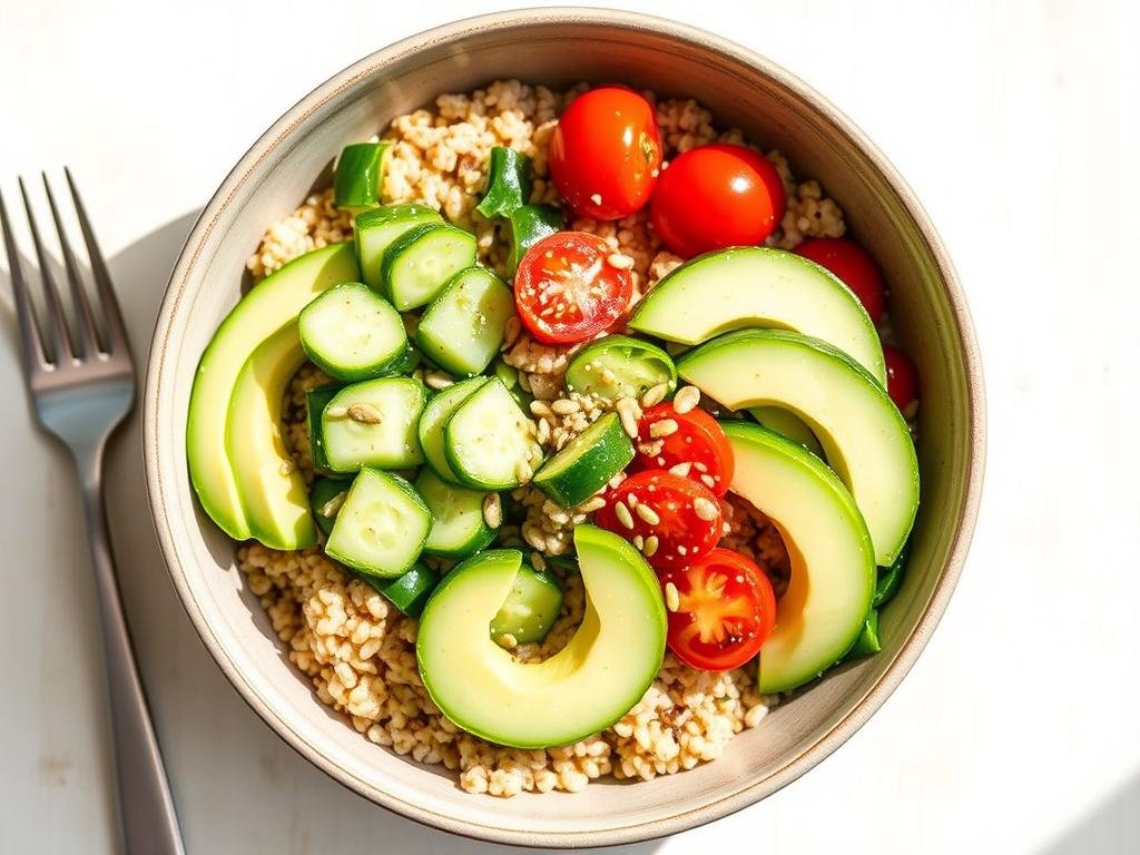 Modern serving suggestion with German cucumber salad in a grain bowl