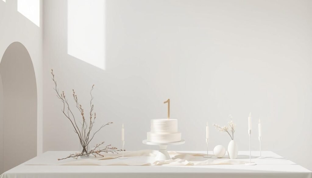 Monochromatic minimalist birthday setup in shades of cream and white