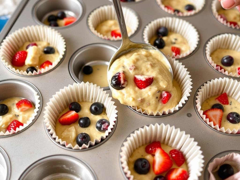 Muffin cups being filled with strawberry shortcake blueberry muffin batter