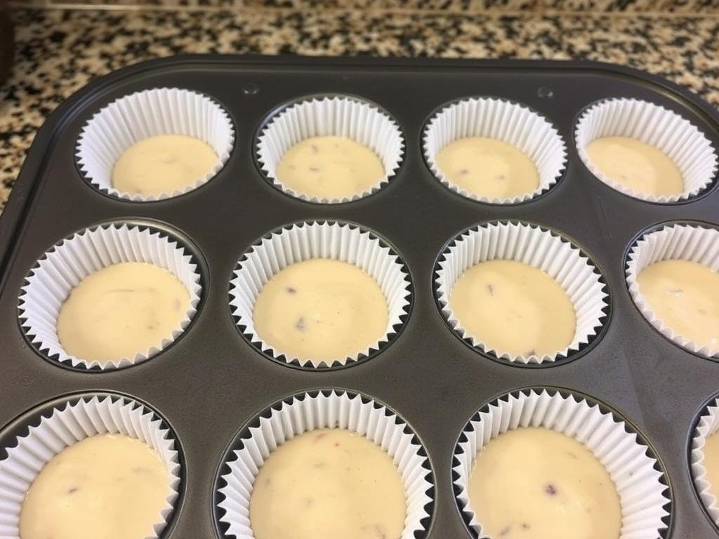 Muffin tin lined with paper liners ready for strawberry shortcake blueberry muffin batter