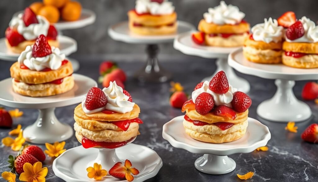 Multiple servings of orange blossom strawberry shortcake arranged on a dessert table for a gathering
