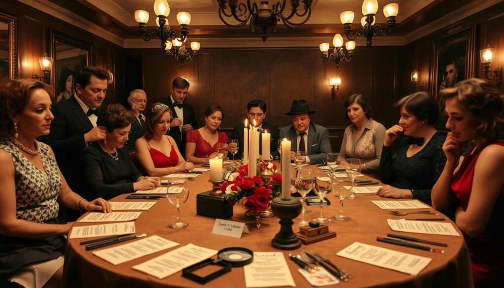Murder mystery 30th birthday party with vintage decor, clue cards, character costumes, and dramatic lighting Murder mystery 30th birthday party with vintage decor, clue cards, character costumes, and dramatic lighting