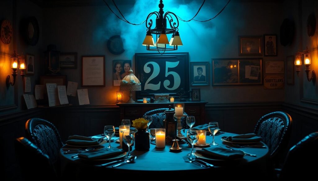 Murder mystery themed 25th birthday with detective elements, clues, and mysterious atmosphere Murder mystery themed 25th birthday with detective elements, clues, and mysterious atmosphere