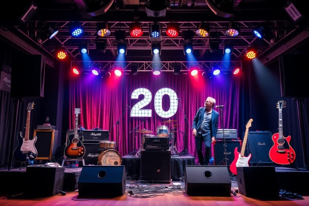 Music themed 20th birthday with concert-style setup and artist references