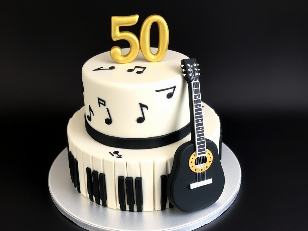 Music-themed 50th birthday cake with fondant piano keys, music notes, and a guitar decoration Music-themed 50th birthday cake with fondant piano keys, music notes, and a guitar decoration