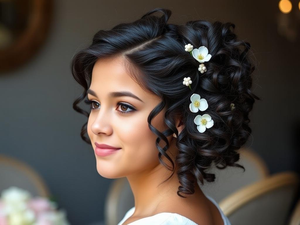 Natural curly updo sweet 16 hairstyle with floral accessories